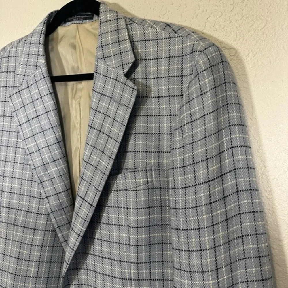 VTG Polo Ralph Lauren‎ Blazer Blue Checkered Sport Coat Size 44R Flax Casual
